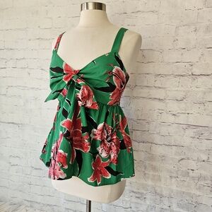 Zara Bold & Vibrant Tropical Flower Print Knot Detail Tank Top Green Pink Large
